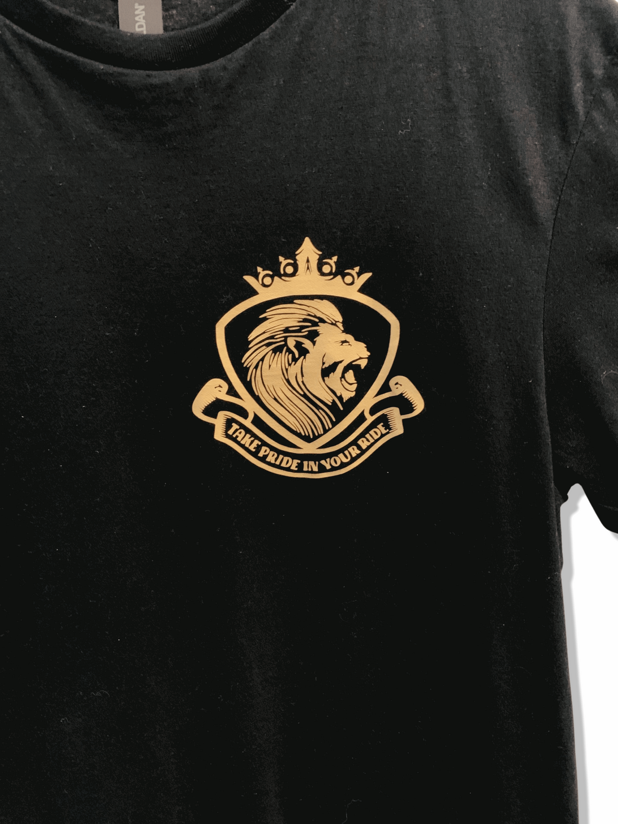 Black t-shirt with gold lion crest logo and 'Take Pride In Your Ride' for LynXautoinnovate automotive store