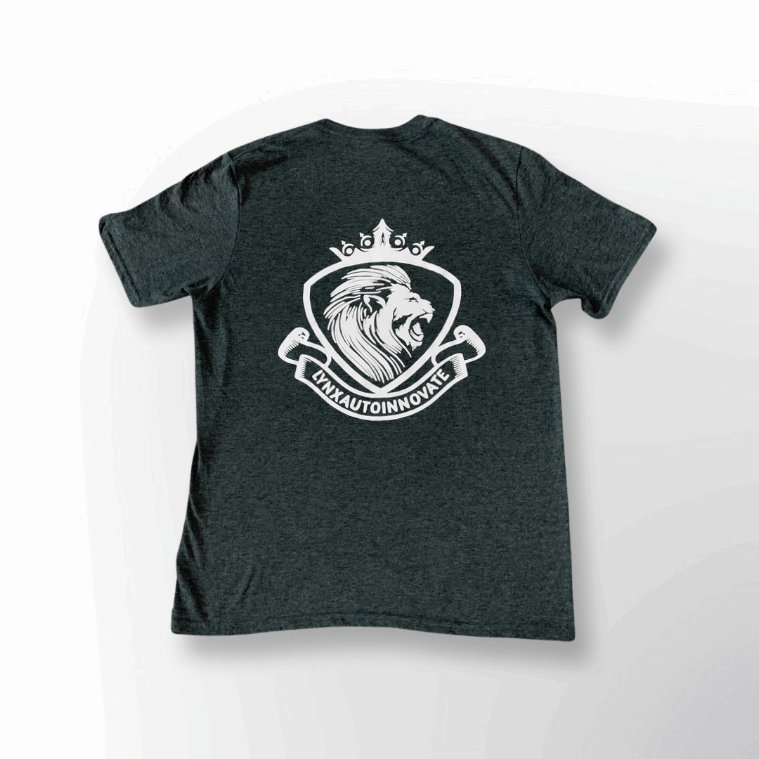 LynXautoinnovate logo t-shirt with roaring lion crest and crown, automotive parts branding