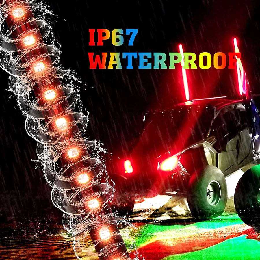3ft black LED whip light for off-road vehicles, IP67 waterproof, shown in heavy rain at night