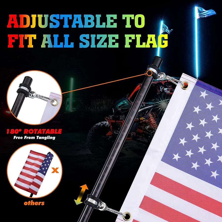 Adjustable 180° rotatable flag pole mount for vehicles with USA flag, night off-road setting, LynXautoinnovate automotive accessory
