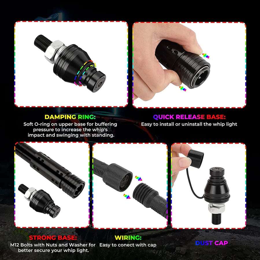 LynXautoinnovate quick release whip light base kit with damping ring, wiring, and dust cap for automotive parts.