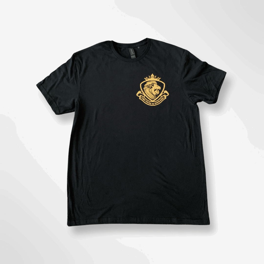 LynXautoinnovate black T-shirt with gold lion crest and wrench logo, automotive apparel