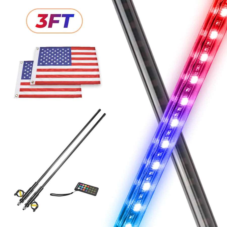 3ft LED whip light kit with American flags, remote, and mounting poles for vehicles from LynXautoinnovate.