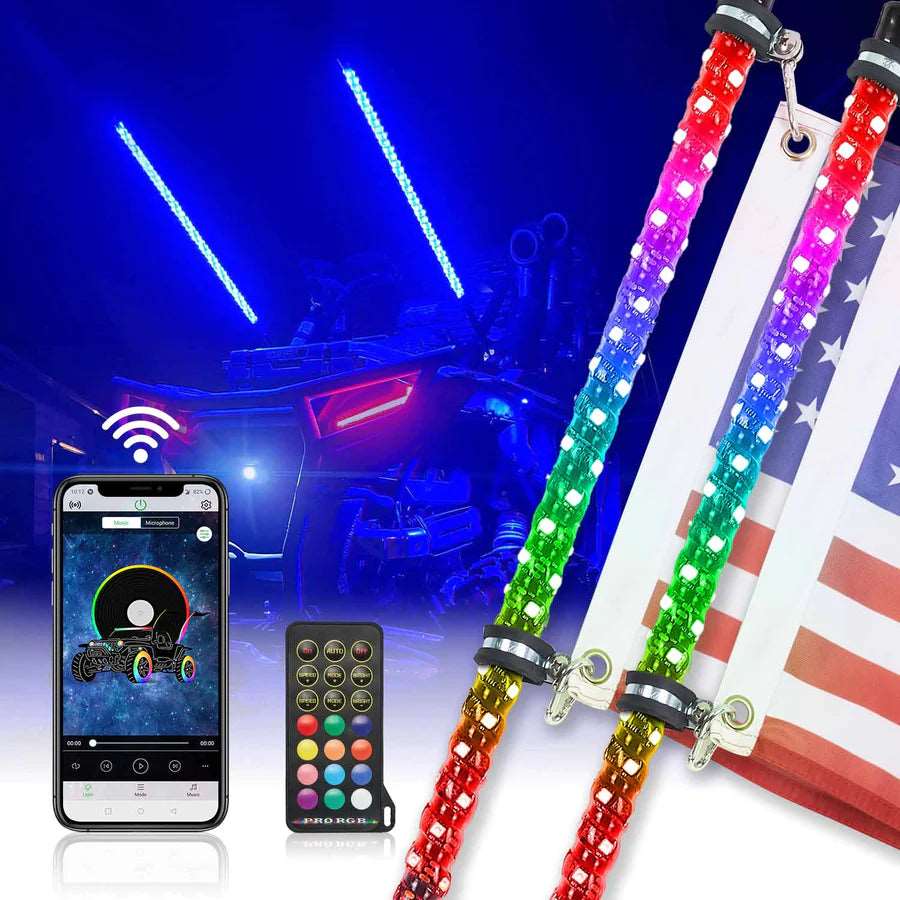 LED whip lights for vehicles with remote control, smartphone app, and US flag, automotive accessory from LynXautoinnovate USA