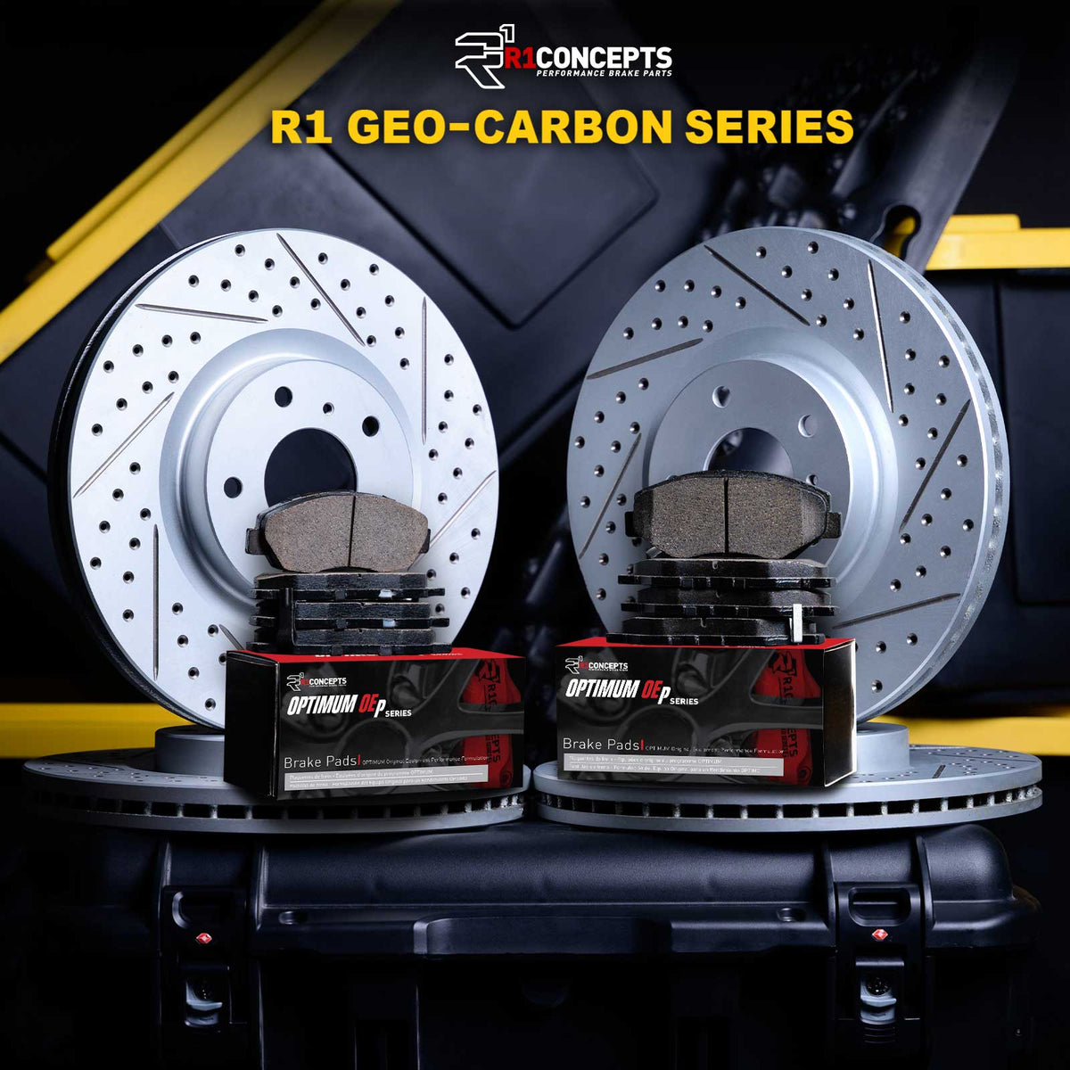 R1 Concepts Geo-Carbon Series drilled brake rotors and OE brake pads for automotive vehicles, LynXautoinnovate USA.