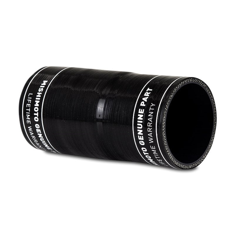 Black silicone hose with Mishimoto branding on a white background