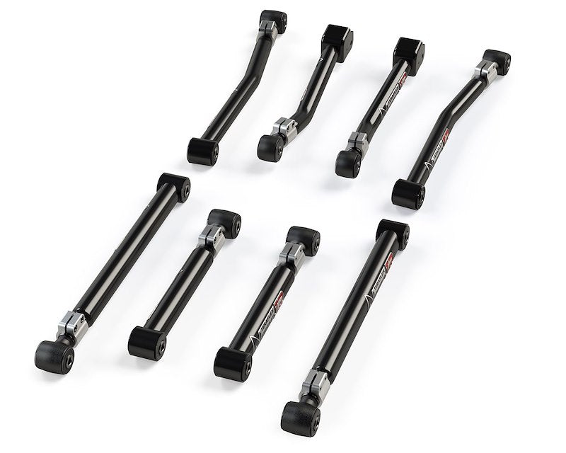 Set of eight black metal shafts on a white background