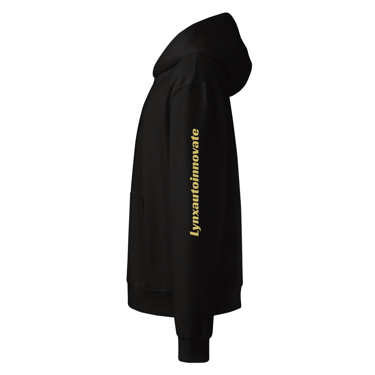 Hoodie Mockup Side view of Lynxauto Innovate print on the arm sleeve
