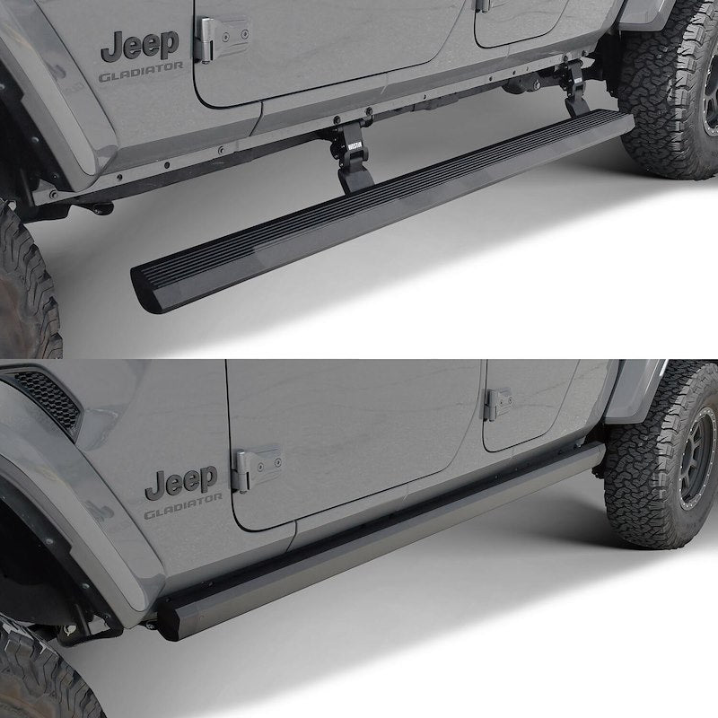 Side view of a Jeep Gladiator with a step bar on a white background