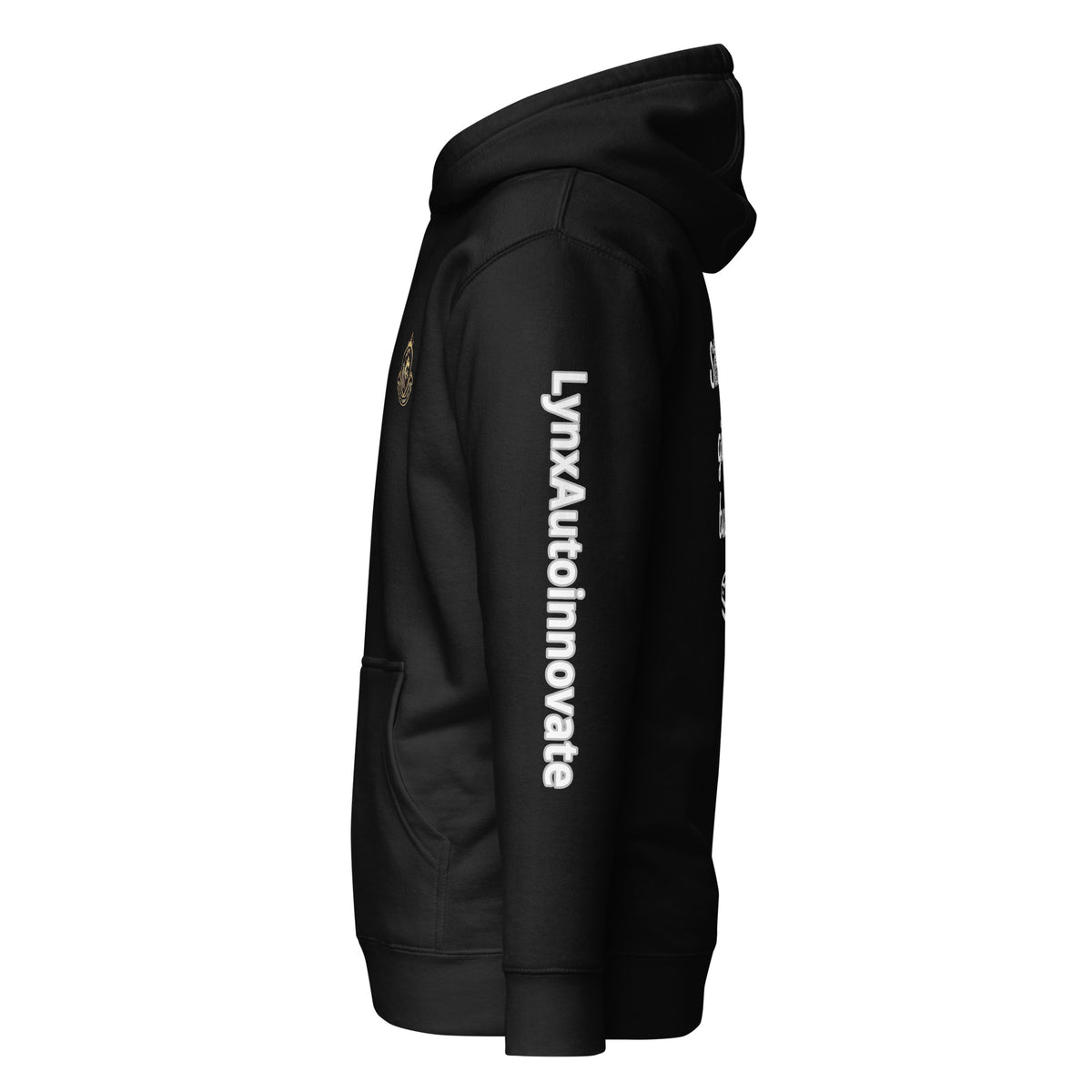 LynXautoinnovate black unisex premium hoodie with logo on sleeve, side view
