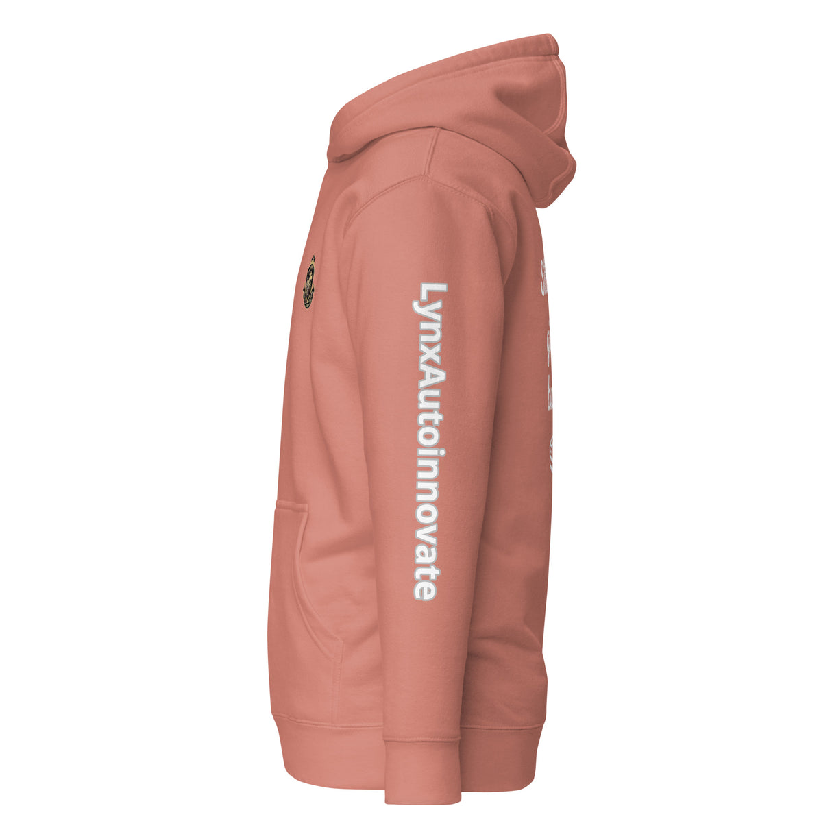 Dusty rose unisex hoodie with LynXautoinnovate logo and white sleeve branding