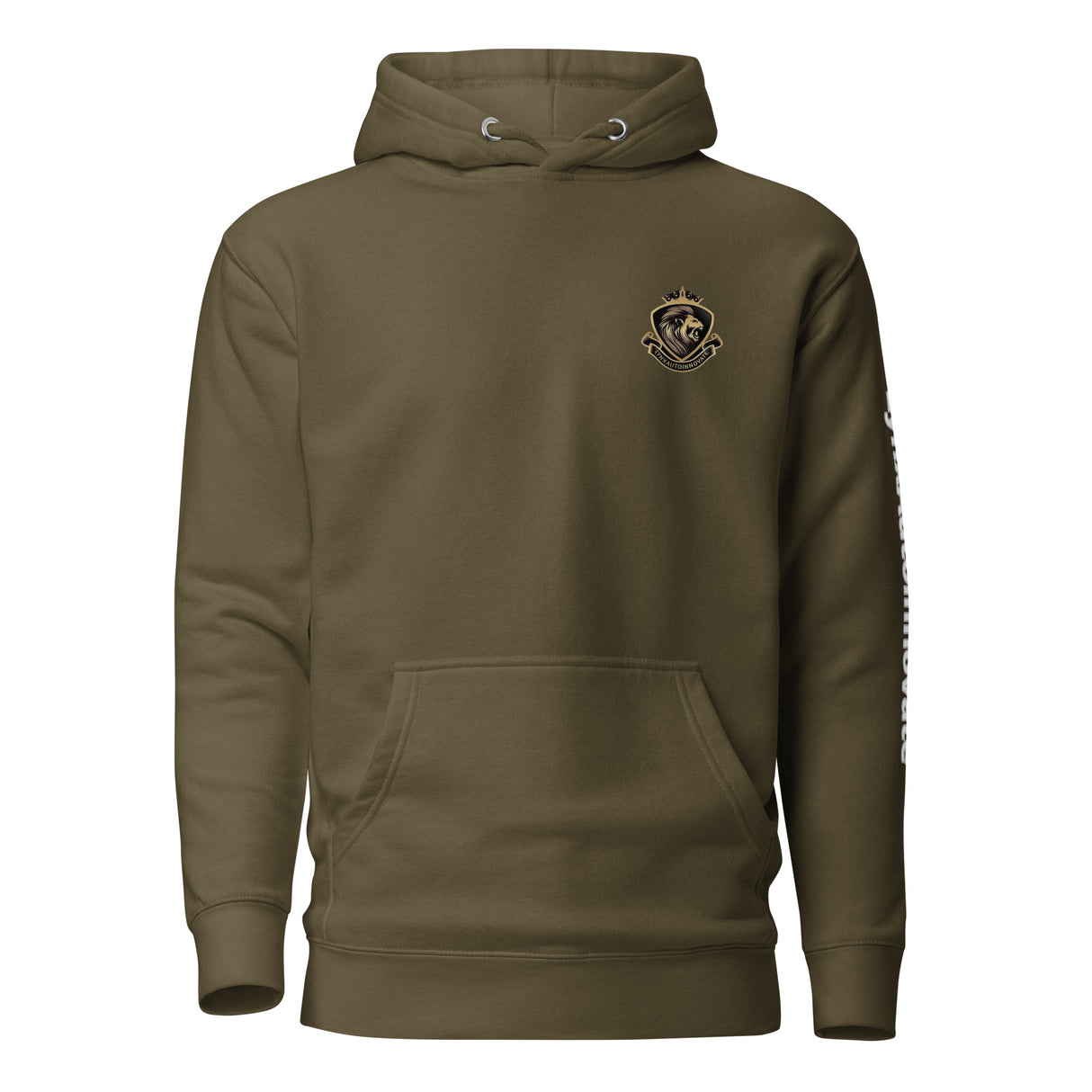 LynXautoinnovate unisex premium hoodie in military green with crest logo and front pocket.