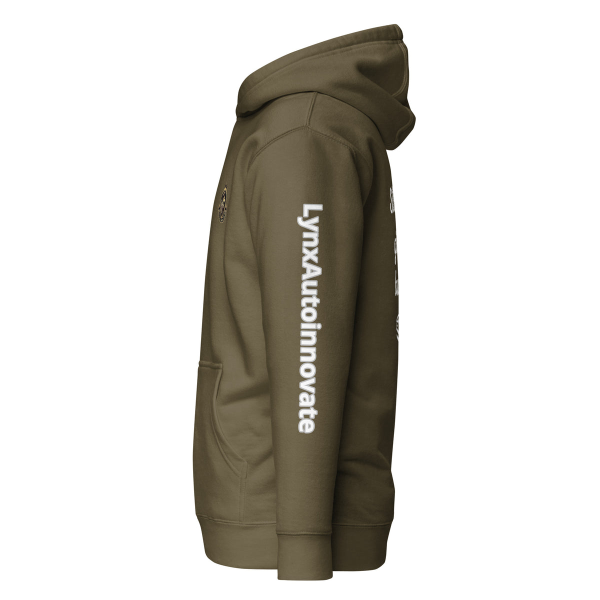 Unisex military green hoodie with LynXautoinnovate logo on sleeve, side view