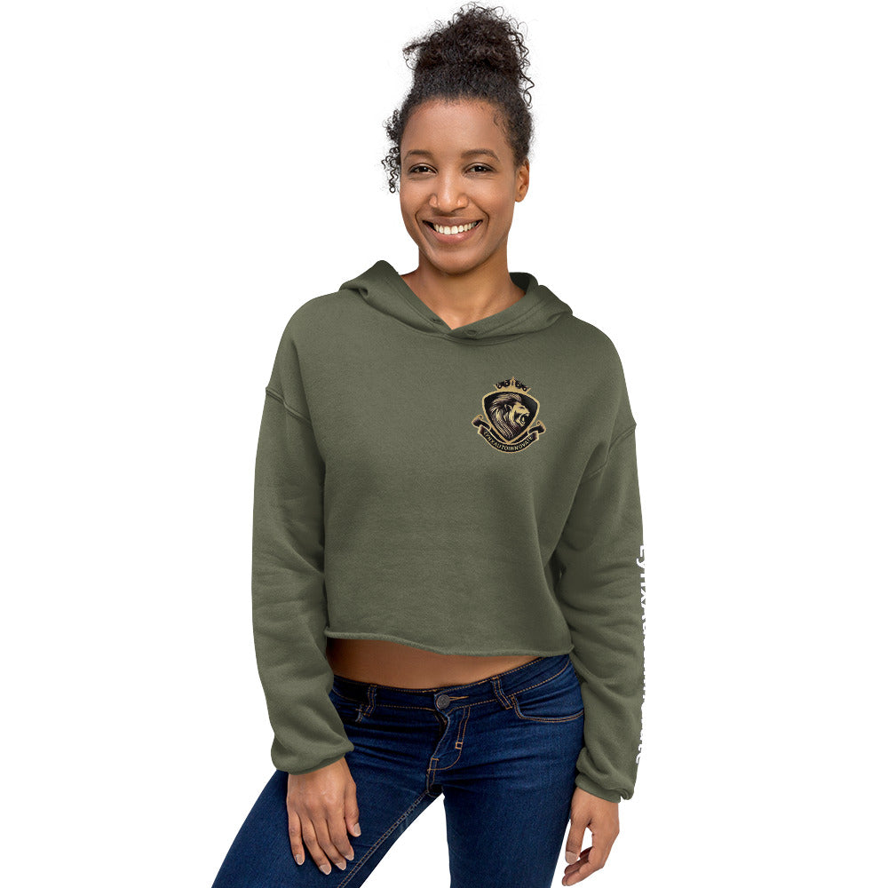 Woman wearing military green cropped hoodie with LynXautoinnovate logo, front view