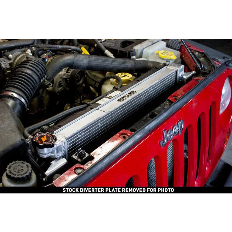 Aluminum radiator installed in red Jeep engine bay, LynXautoinnovate automotive part