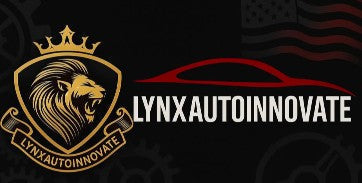 LynXautoinnovate logo with gold lion crest and red car silhouette, automotive parts USA
