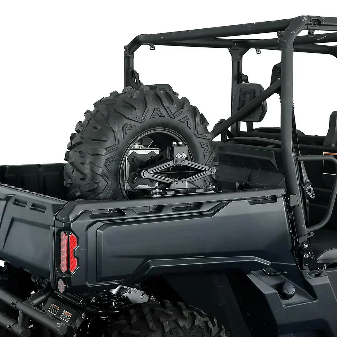 Side view of an off-road utility vehicle with spare tire mounted in cargo bed, LynXautoinnovate automotive parts USA.
