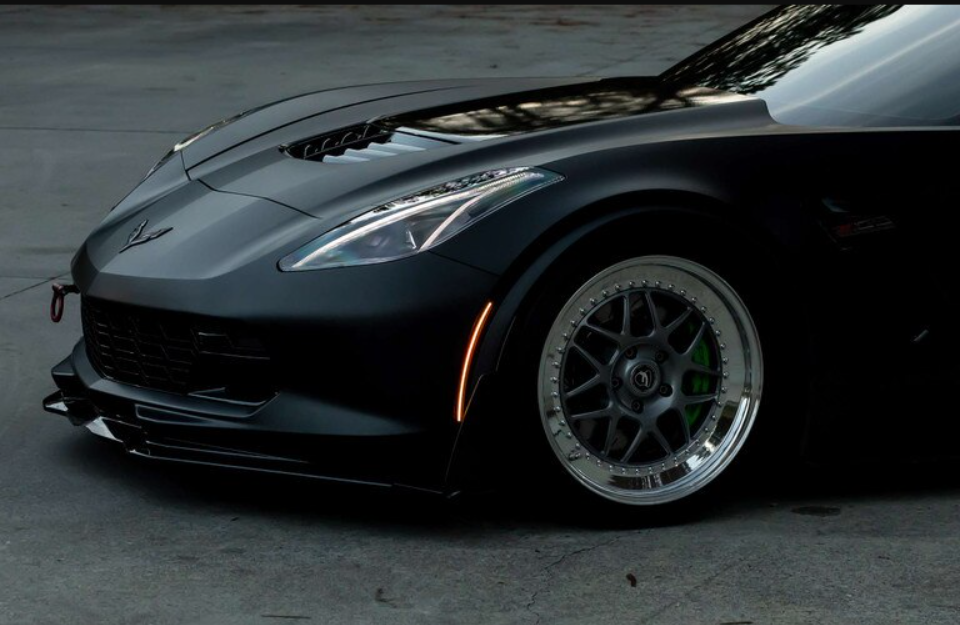 Front view black sports car with custom alloy wheels, LynXautoinnovate USA automotive parts
