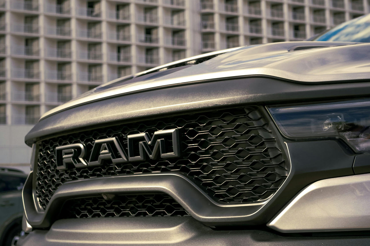 Close-up of RAM truck front grille, modern design, LynXautoinnovate USA automotive parts