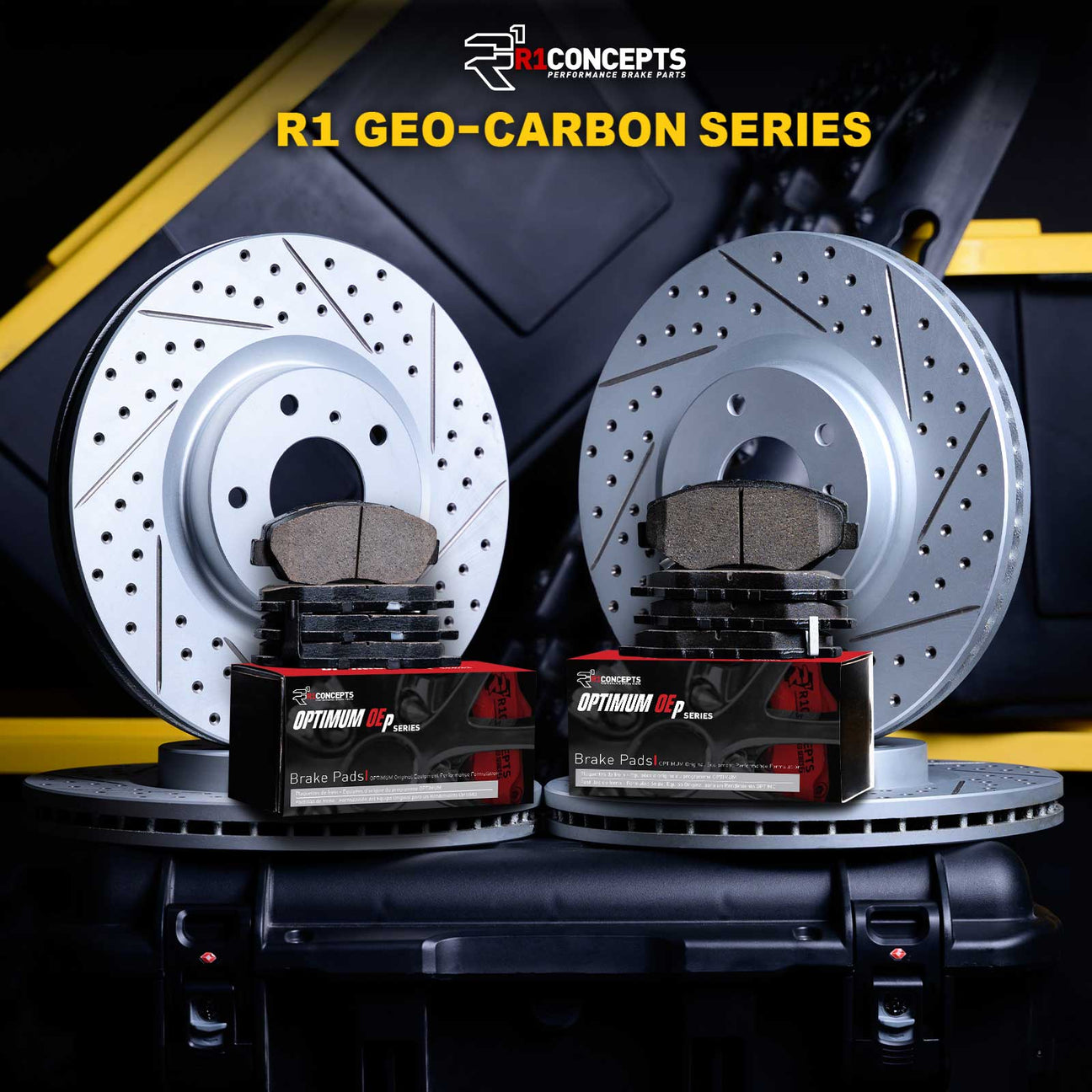 R1 Concepts Geo-Carbon Series drilled brake rotors and Optimum OE brake pads for vehicles