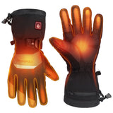 Pair of heated gloves with visible brand logo on a white background