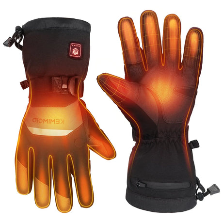 Pair of heated gloves with visible brand logo on a white background