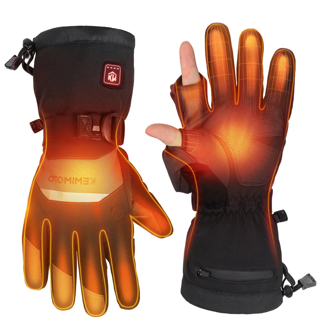 A pair of heated winter gloves shown on a white background, with one glove facing forward and the other showing the back with a finger inserted. The gloves are black with glowing orange heat-map graphics indicating warmth, and the KEMIMOTO brand name is visible on the palm.