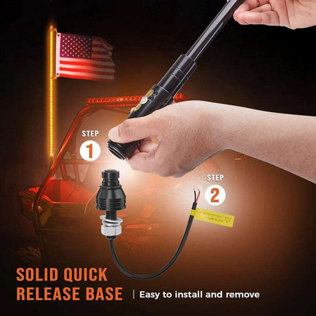 Quick release base for automotive LED whip light, shown on off-road vehicle with American flag.