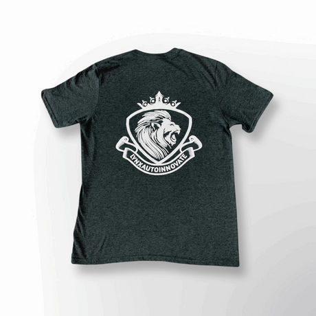 LynXautoinnovate logo t-shirt with roaring lion crest and crown, automotive parts branding