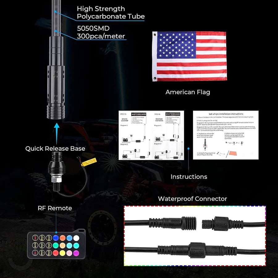 LynXautoinnovate automotive LED whip light kit with RF remote, American flag, instructions, waterproof connector, and high strength polycarbonate tube.