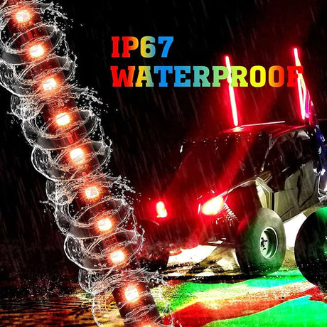 3ft black LED whip light for off-road vehicles, IP67 waterproof, shown in heavy rain at night