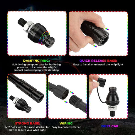 LynXautoinnovate quick release whip light base kit with damping ring, wiring, and dust cap for automotive parts.