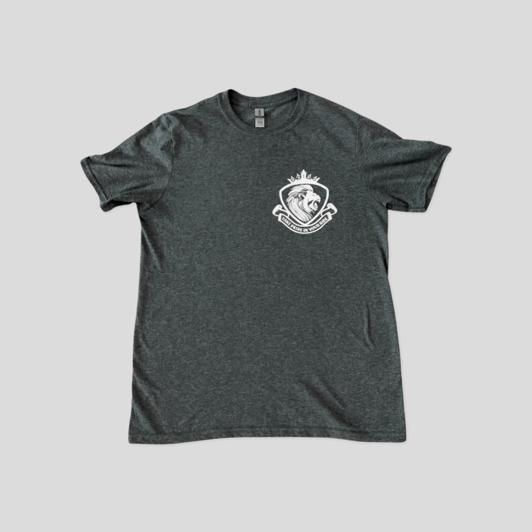 LynXautoinnovate dark gray t-shirt with white lion crest logo, automotive accessories USA