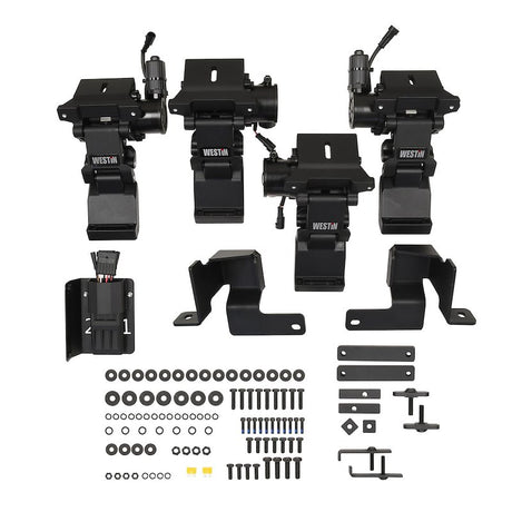 Set of black mechanical components and hardware on a white background