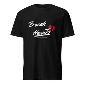 Product mockup (Front) black shirt that say " Break Hearts" underlined with a heart shape that is broken with the Lynx auto innovate brand name in small letter under the underline. 
