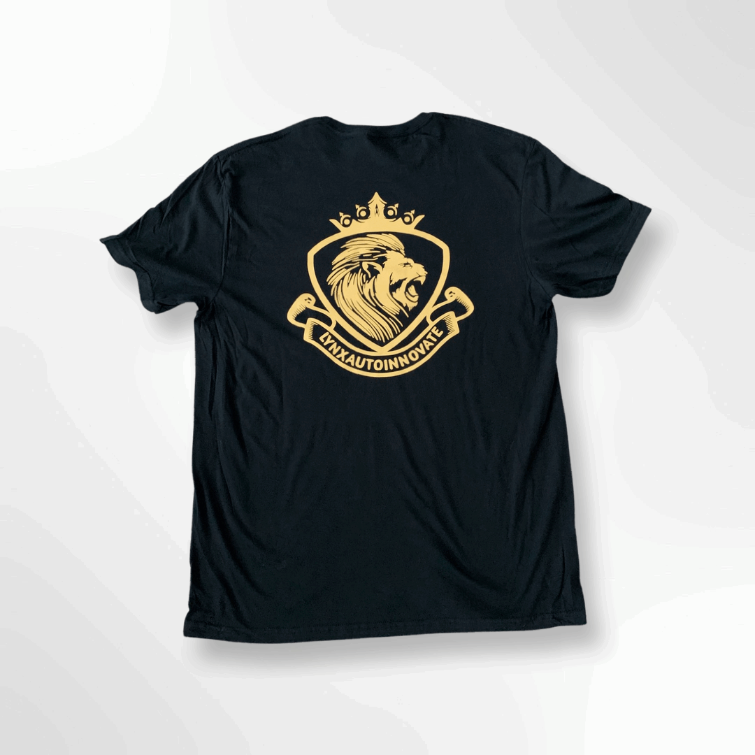 LynXautoinnovate black t-shirt with gold lion crest automotive logo on back