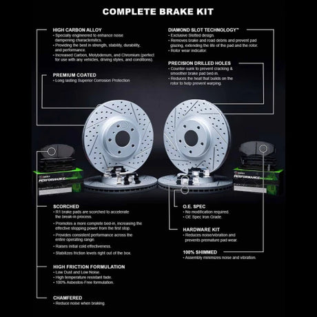 Brake rotors with technical specifications on a black background