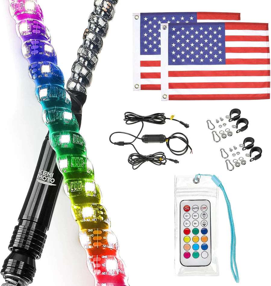 LED whip light kit with two American flags, mounting hardware, remote, and wiring, LynXautoinnovate automotive accessory.