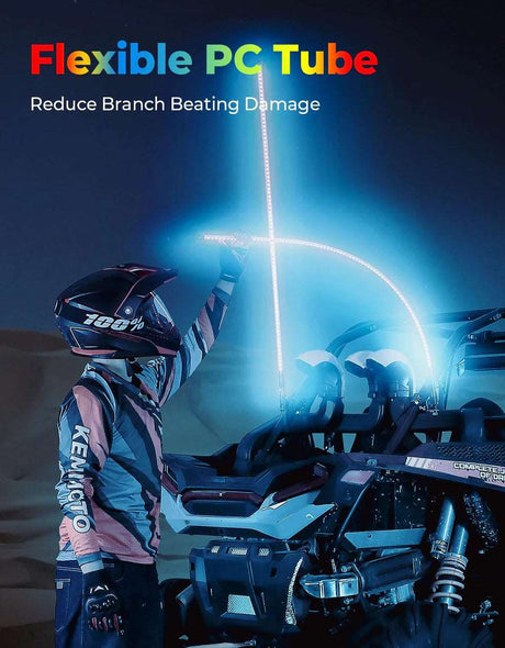 Rider in helmet showing LynXautoinnovate flexible PC tube light on ATV for automotive protection