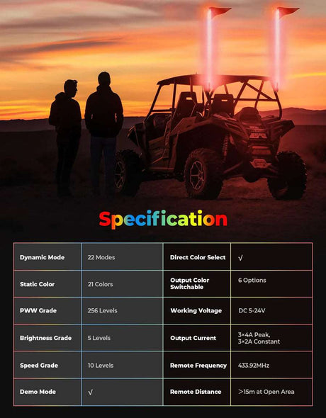 Off-road vehicle with LED whip lights at sunset, LynXautoinnovate automotive parts USA