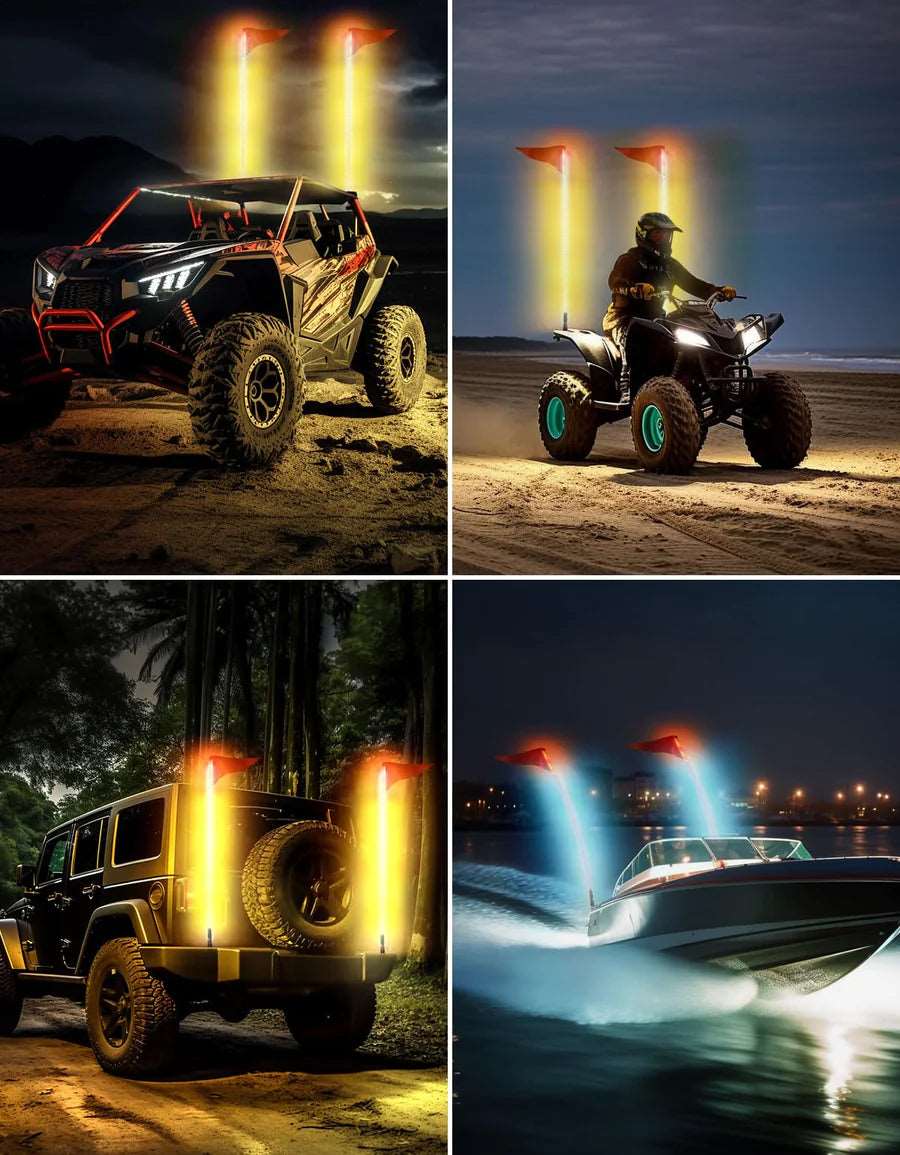 LED whip safety flags on ATV, UTV, Jeep, and boat at night, LynXautoinnovate automotive accessories
