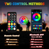 LynXautoinnovate RGB automotive LED control options, showing remote and Bluetooth app interface.