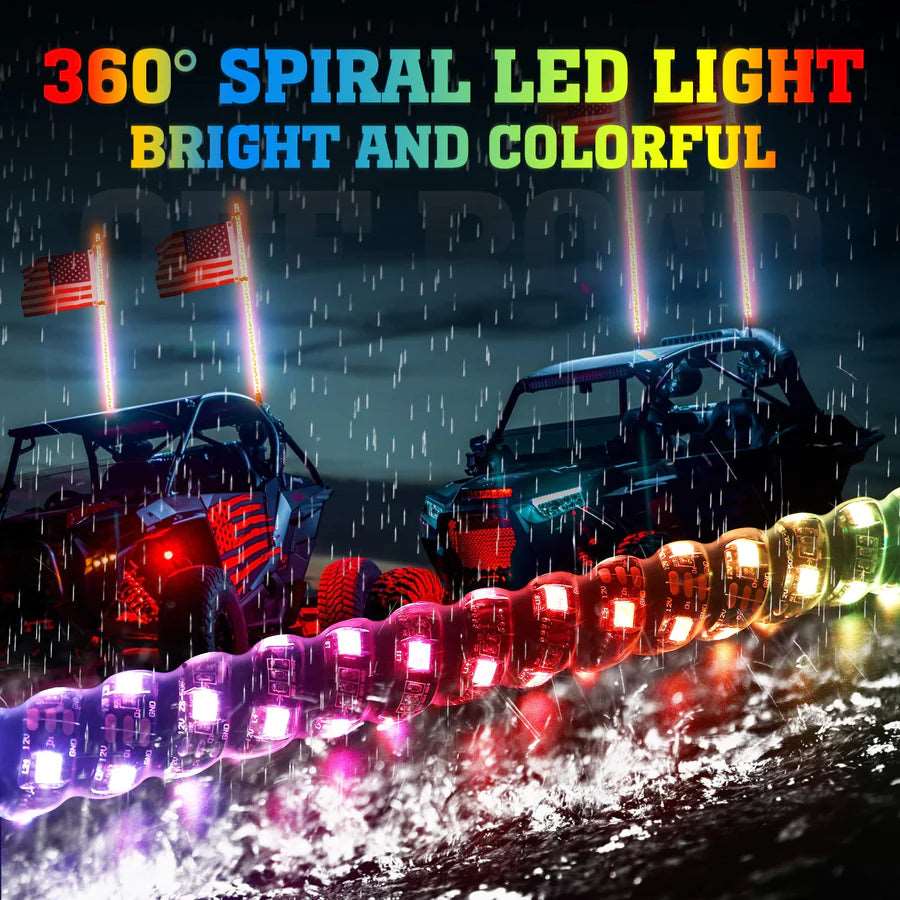 Off-road vehicles in rain with 360° spiral LED light whips, LynXautoinnovate automotive accessory