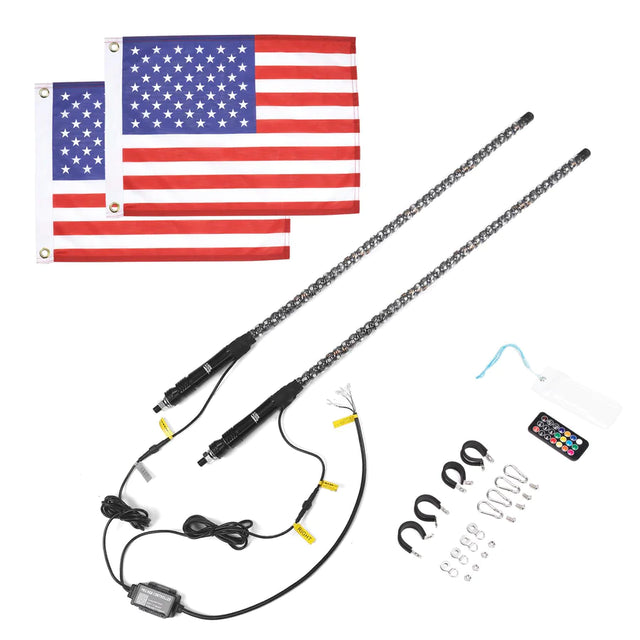 LynXautoinnovate LED whip light kit with two American flags, remote, and mounting hardware