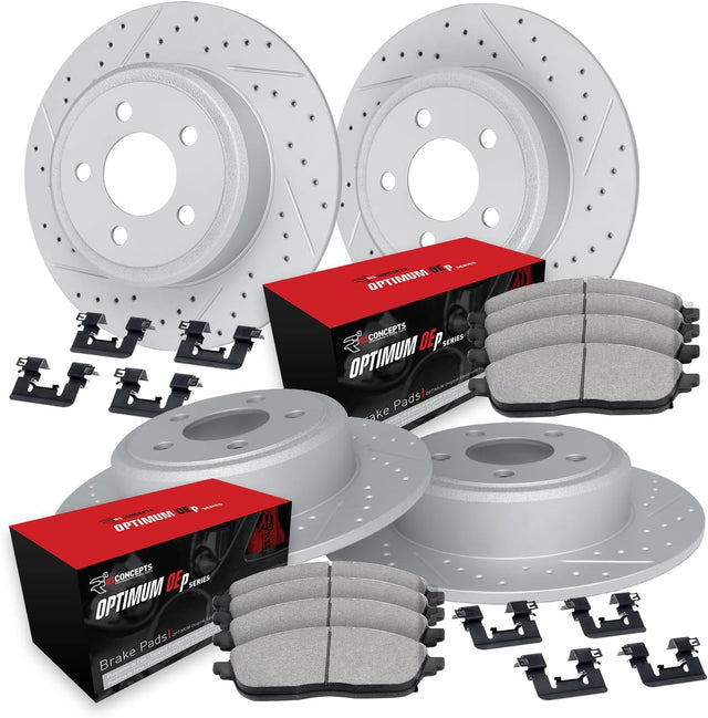 LynXautoinnovate set of drilled and slotted brake rotors, brake pads, and hardware for automotive vehicles.