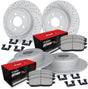 LynXautoinnovate set of drilled and slotted brake rotors, brake pads, and hardware for automotive vehicles.