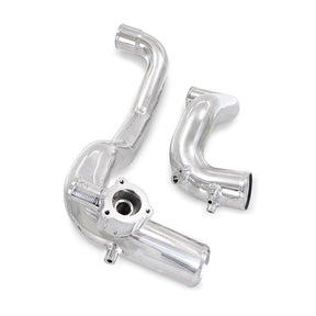 Chrome automotive intercooler manifold on a white background