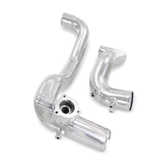 Chrome automotive intercooler manifold on a white background