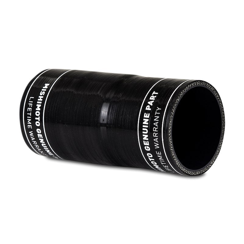 Black silicone hose with Mishimoto branding on a white background