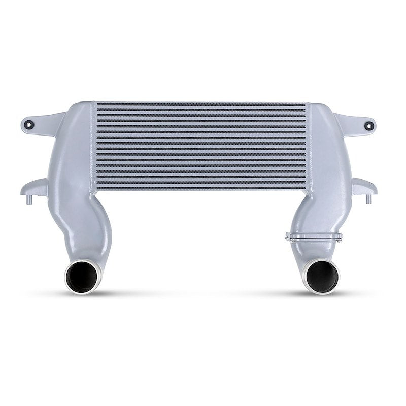 A silver aluminum intercooler with a black ribbed finned core, shown from the front on a white background.